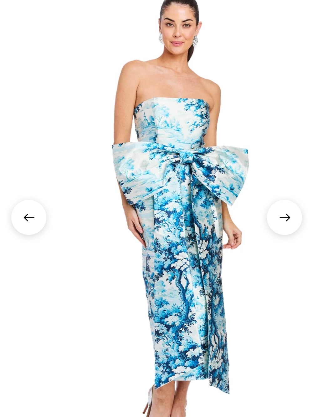 Strapless Blue Toile Midi Dress with Back Bow - Picture 4 of 10